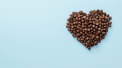 Coffee beans arranged in a heart shape on a light blue background, copy space