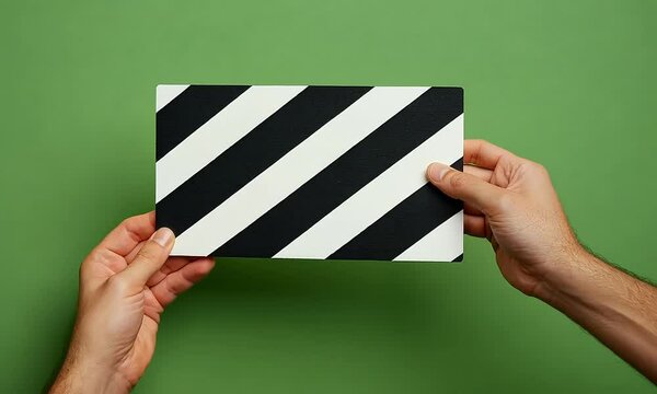 Hands holding a classic film clapperboard against a vibrant green background, symbolizing filmmaking