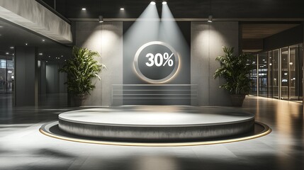 circular platform with a big "30%" sign illuminated by a spotlight in an empty shopping mall