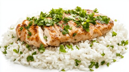 Perfectly steamed rice with a side of chicken, isolated against a plain white background. --chaos 20 --ar 16:9 --quality 2 --v 6.1 Job ID: 0bdf16d4-74c1-4c2e-802b-36dc84b6d55d