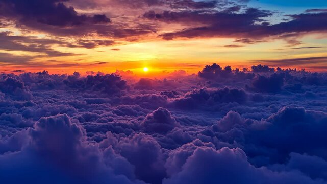 Flying above fluffy clouds during a vibrant sunset with golden rays illuminating the sky, Flying over the clouds with the late sun Sunrise or sunset colorful sky background