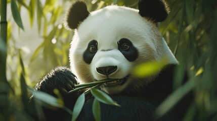 Fototapeta premium panda bear playing with a bamboo stick.