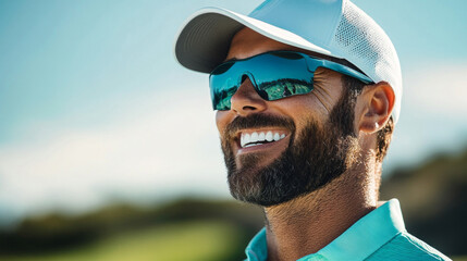 With a bright smile and stylish sunglasses, a confident golf player embraces the sunny atmosphere while preparing for a perfect swing on the lush fairway
