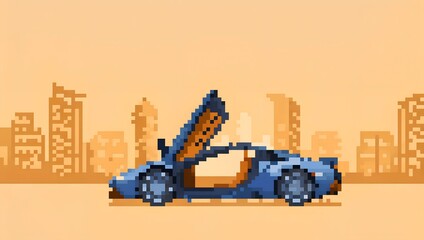Pixelated Blue Hypercar with Open Doors in Desert Cityscape: Retro Luxury Display