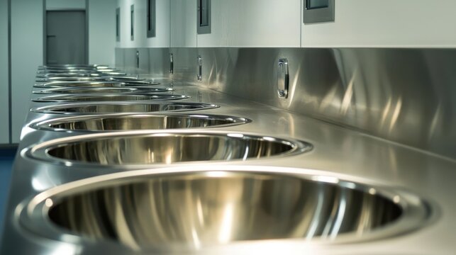 A row of freshly polished stainless steel kitchen sinks in a factory