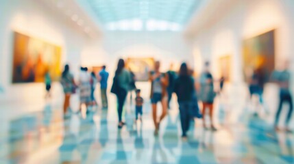 Blurred museum hall with an artistic ambiance and soft warm lighting.