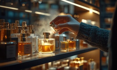 Woman testing perfume in store, amber liquid, shelf display, warm lighting