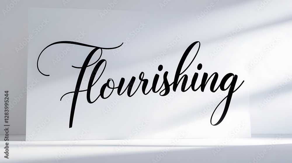 Poster flourishing typography on a light background with soft shadows and clear focus
