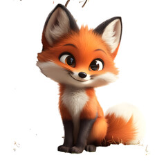 Obraz premium A Fluffy 3D Cartoon Fox with a Soft Bushy Tail Sitting Isolated on Transparent Background