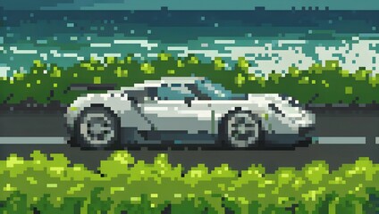 Pixel Art Retro Sports Car on a Coastal Road