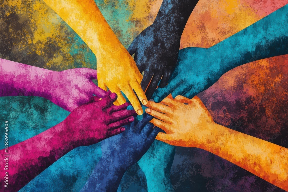 Poster symbolic representation of diverse hands uniting in harmony showcasing unity and support among diffe