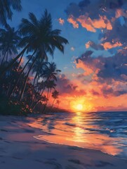Tropical Paradise at Sunset: An enchanting digital illustration of a tropical beach, where towering palm trees frame a breathtaking sunset over the serene ocean.