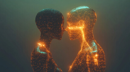 Two abstract human figures intertwined by a glowing connection, symbolizing the power of unity and collaboration in a modern minimalist design.