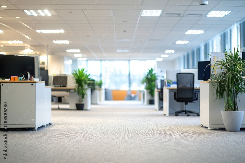 Poster blurred empty open space office. abstract light bokeh at office interior background