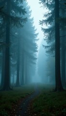 Fototapeta premium Foggy forest scene with trees in misty atmosphere, forest, atmosphere, calm
