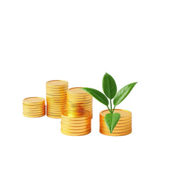 Growth concept with golden coins and green plant symbolizing wealth