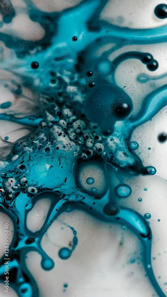 Poster colorful abstraction with turquoise and black bubbles against a white background capturing fluid dyn