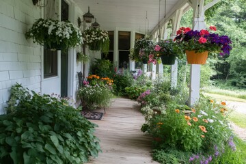 Naklejka premium Rustic White Porch with Vibrant Hanging Flower Baskets and Potted Plants