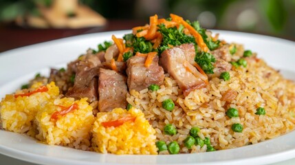 Fototapeta premium Red Pork Rice with green garnish on a clean background. 