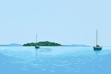 Obraz premium tropical island in the ocean, sailing boats on the sea, flat illustration, perfect travel destination, landscape poster