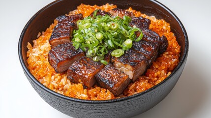 Red Pork Rice with juicy pork and pickled vegetables on a white background. --chaos 20 --ar 16:9 --quality 2 --v 6.1 Job ID: 01f2cae8-aa3e-4d92-b442-08ab3b46789c