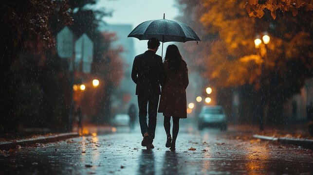 man and woman strolling through the rain under an umbrella