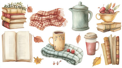 Cozy watercolor illustrations of books, tea, and autumn leaves create warm atmosphere. Perfect for home decor or seasonal themes