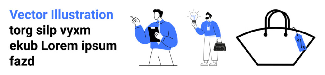 Male figure presenting ideas, another holding a glowing bulb, alongside a chic handbag with modern design. Ideal for creativity, teamwork, innovation, retail, branding, e-commerce and lifestyle