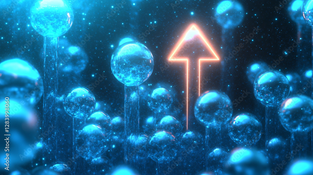 Poster a glowing neon arrow rises through a field of floating translucent blue bubbles in a futuristic sett