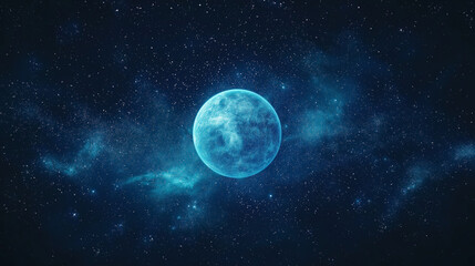 Fototapeta premium Celestial Sphere: A captivating view of a glowing blue sphere floating amidst a vibrant cosmic tapestry of stars and nebulas, creating a sense of wonder and mystery