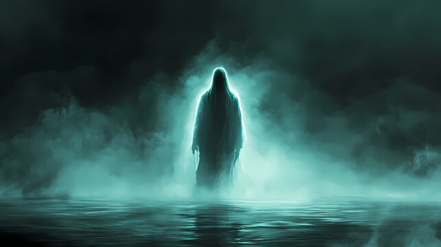 Ghostly apparition, phantasm , spirit, of a man standing by the river of the dead in a dark mist. related to death, sadness, memorial, funerals. Flickering Phantoms in the Mist. Illustration