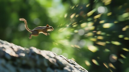 Obraz premium A lively chipmunk leaps energetically through the air against a blurred green background, showcasing its dynamic movement and playful spirit in a natural setting