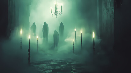 Ghostly gathering in a dimly lit room surrounded by fog and flickering candlelight creating an eerie atmosphere of mystery and suspense. Flickering Phantoms in the Mist. Illustration