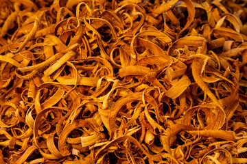 Detail of wood shavings in a carving workshop