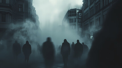 Mysterious figures emerging from dense fog on an eerie city street, perfect for horror, thriller, and dystopian movie posters or book covers. Flickering Phantoms in the Mist. Illustration