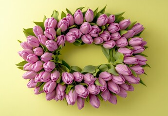 Fototapeta premium Beautiful Oval Pink Tulip Arrangement on Soft Yellow Background
