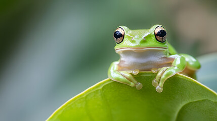 Photograph of a green tree frog sitting on a leaf
