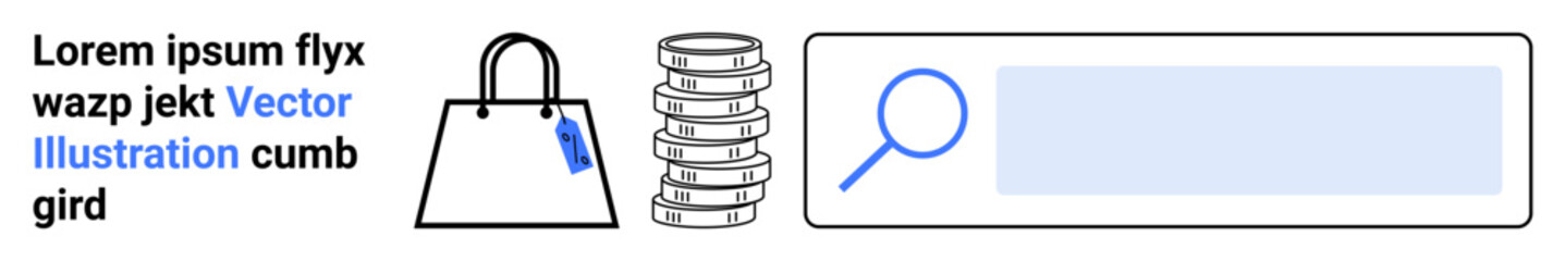 Shopping bag with a tag, stacks of coins, and search icon suggest online shopping, financial analysis, data search, and retail insights. Ideal for e-commerce, finance, marketing data technology