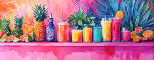 Obraz premium Colorful juice bar with tropical fruits, vibrant drinks, and lively atmosphere