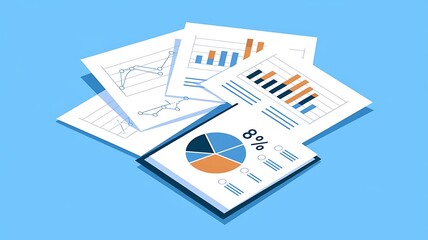 Prepareing report. Blue graphs and charts. Business reports and pile of documents on gray reflection background.