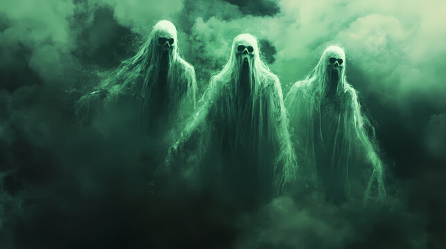 Three ghostly figures emerge from green mist on a dark background. Flickering Phantoms in the Mist. Illustration
