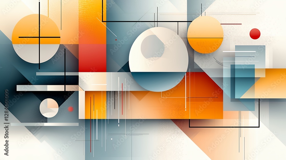 Poster dynamic geometric abstract in muted tones featuring circles squares and lines on white canvas
