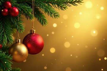 Glittering mistletoe hangs from a luxurious golden backdrop with festive holly and berries, twinkle, stars