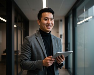 Confident young professional dressed smartly, smiling and holding a tablet, standing in a modern office hallway with natural lighting, representing leadership and innovation in a business environment
