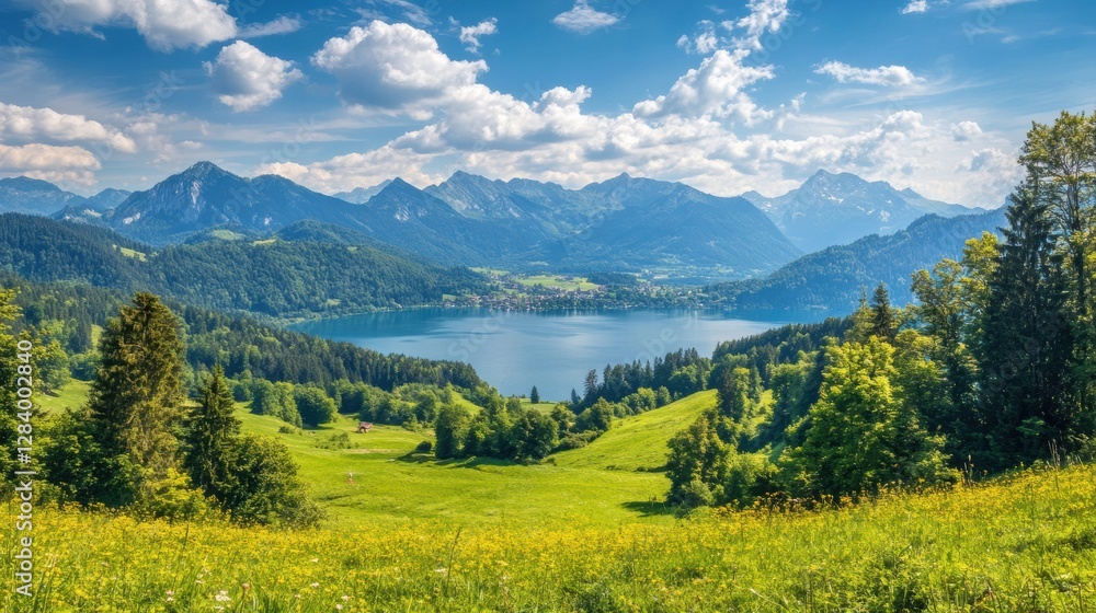 Poster breathtaking view of a serene lake surrounded by mountains and lush greenery in the afternoon sunlig