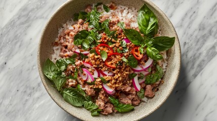 Traditional minced pork larb with toasted rice powder, plain background --chaos 20 --ar 16:9 --quality 2 --v 6.1 Job ID: f6a580ed-5994-49e0-a5a3-09355feab6e5