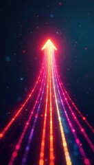 Glowing arrow extends from a single point emitting a spectrum of colored light trails behind, radiance, glow, glowing