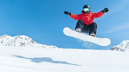 Snowboarder performing a jump in a winter landscape snowy mountains action shot bright blue sky
