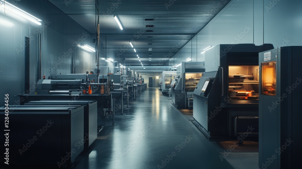 Poster factory production line with paused machinery, undergoing routine service checks and fine-tuning