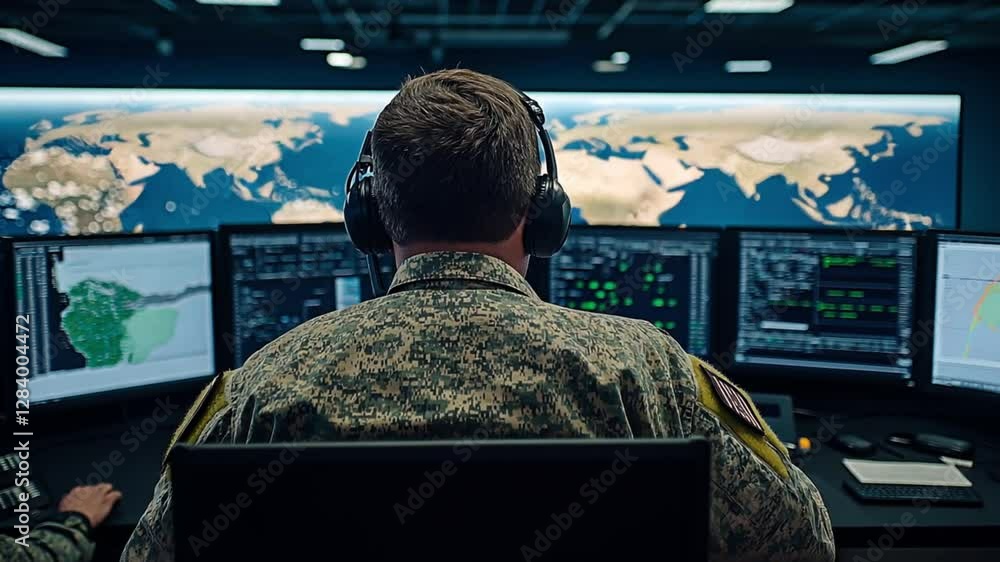 Poster a uniformed soldier wearing a headset monitors global data feeds on multiple screens. concept of str